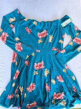 Nine Britton Teal Floral Off-Shoulder Skater Dress NWT size XL